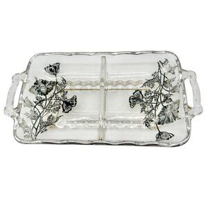 Vintage Glass Divided Serving Tray With Black Floral Design and Handles 9 x 5 in